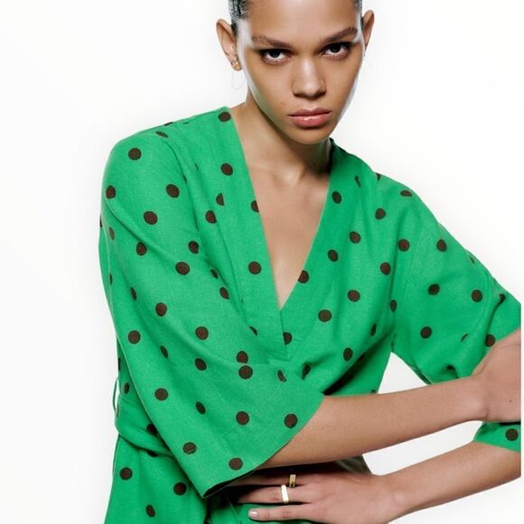 ZARA | Green | LINEN BLEND POLKA DOT KAFTAN - Picture 8 of 9